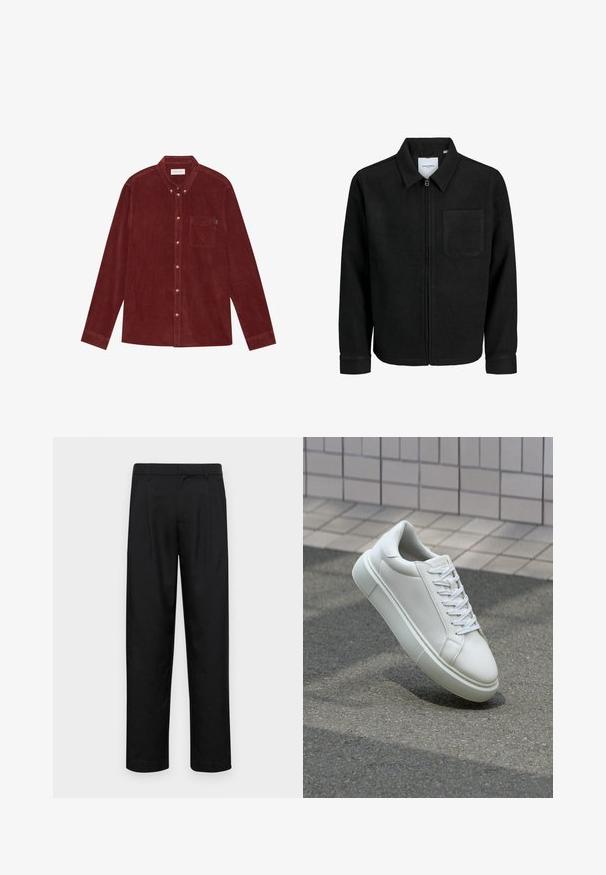 Black zip-up jacket with collar and single chest pocket, displayed on white background.; Red corduroy shirt with a button-down collar, long sleeves, front pocket, and gold-tone buttons. Textured fabric.; Black trousers made of smooth fabric, featuring a straight-leg design, two front pleats, and standard waistband with belt loops.; White leather sneaker with a smooth surface, round toe, and flat white laces. Features a textured rubber sole and minimal design elements.