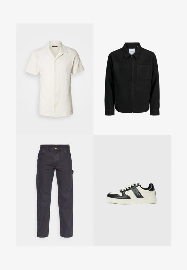 Schwarze Zip-Jacke mit Kragen und einer einzelnen Brusttasche, auf weißem Hintergrund präsentiert.; Kurzärmeliges, kragenloses Hemd aus offwhite strukturiertem Stoff mit einem vertikalen Streifenmuster und einer durchgehenden Knopfleiste.; Dunkelgraue Cargo-Hosen aus strapazierfähigem Stoff, mit geradem Bein, fünf Taschen und einem Knopfverschluss an der Taille.; Leder-Sneaker in Schwarz- und Cremetönen, mit perforierten Akzenten, einem gepolsterten Kragen und einer strukturierten Laufsohle.