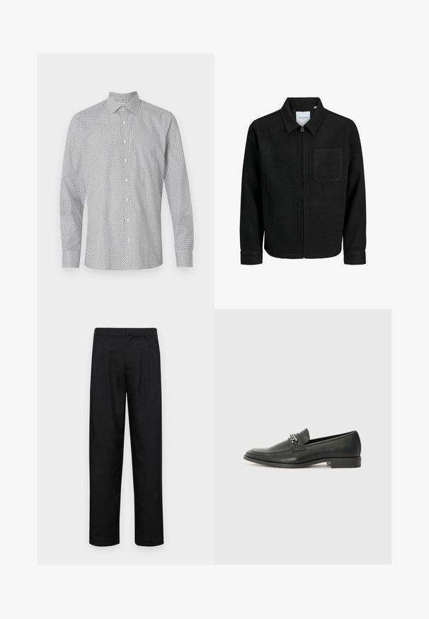 Čierna zipsová bunda s golierom a jednou náprsníkou, vystavená na bielom pozadí.; Biele button-up košeľa s čiernym geometrickým vzorom. Má dlhé rukávy, golier a klasický strih.; Čierne nohavice vyrobené z hladkej tkaniny, s rovnými nohavicami, dvoma prednými skladmi a štandardným pásom s pútkami na opasok.; Čierne kožené loafers s hladkým povrchom, s prešitým dizajnom a dekoratívnym kovovým reťazovým akcentom cez priehlavok. Plochý podpätok.