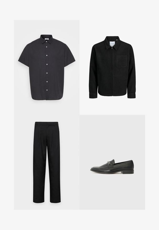 Veste zippée noire avec col et poche poitrine unique, présentée sur fond blanc.; Chemise noire à manches courtes, boutonnée, en tissu léger, dotée d'un col classique et de boutons blancs sur le devant.; Pantalons noirs en tissu lisse, avec une coupe droite, deux plis avant et une taille standard avec passants de ceinture.; Mocassin en cuir noir avec une finition lisse, présentant un design cousu et une accent décoratif en chaîne métallique sur le rand. Talon plat.