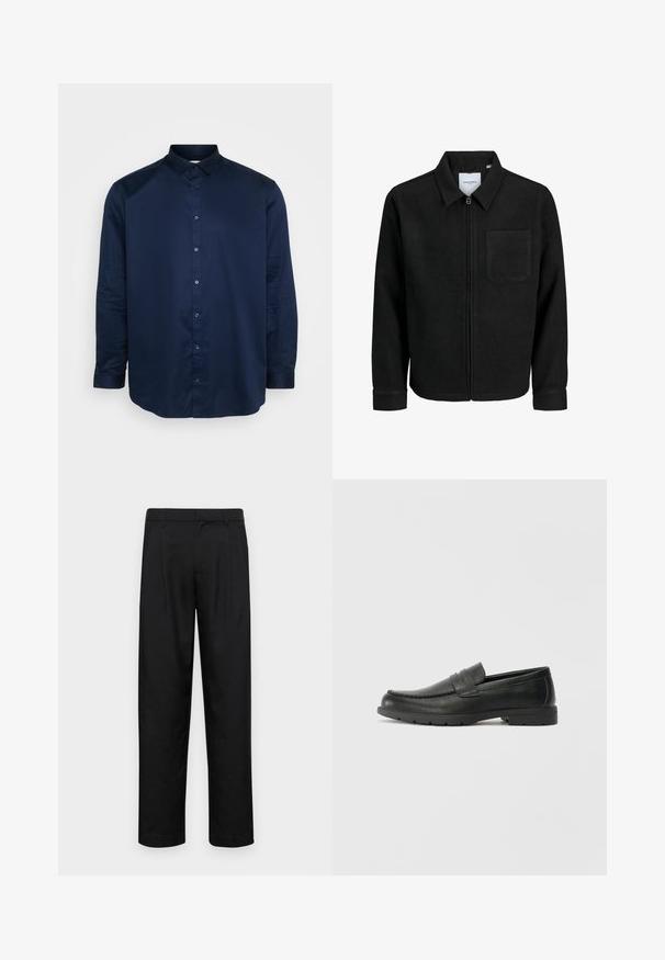 Veste zippée noire avec col et poche poitrine unique, présentée sur fond blanc.; Chemise boutonnée bleu marine en tissu lisse, dotée d'un col classique, de manches longues et d'une patte de boutonnage avant avec des boutons assortis.; Pantalons noirs en tissu lisse, avec une coupe droite, deux plis avant et une taille standard avec passants de ceinture.; Mocassins en cuir noir avec une finition lisse, tige de style moccasin, détails cousus et semelle en caoutchouc. Design classique avec un talon bas.