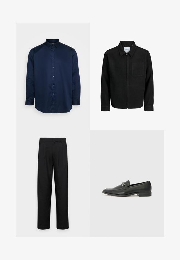 Schwarze Zip-Jacke mit Kragen und einer einzelnen Brusttasche, auf weißem Hintergrund präsentiert.; Navyblaues Hemd mit Knopfleiste aus glattem Stoff, klassischem Kragen, langen Ärmeln und einer Knopfleiste vorne mit passenden Knöpfen.; Schwarze Hose aus glattem Stoff, mit geradem Bein Design, zwei vorderen Falten und einem Standardbund mit Gürtelschlaufen.; Schwarzer Lederloafer mit glatter Oberfläche, ausgestattet mit einer gesteppten Gestaltung und einem dekorativen Metallkettendetail über dem Vorderblatt. Flacher Absatz.