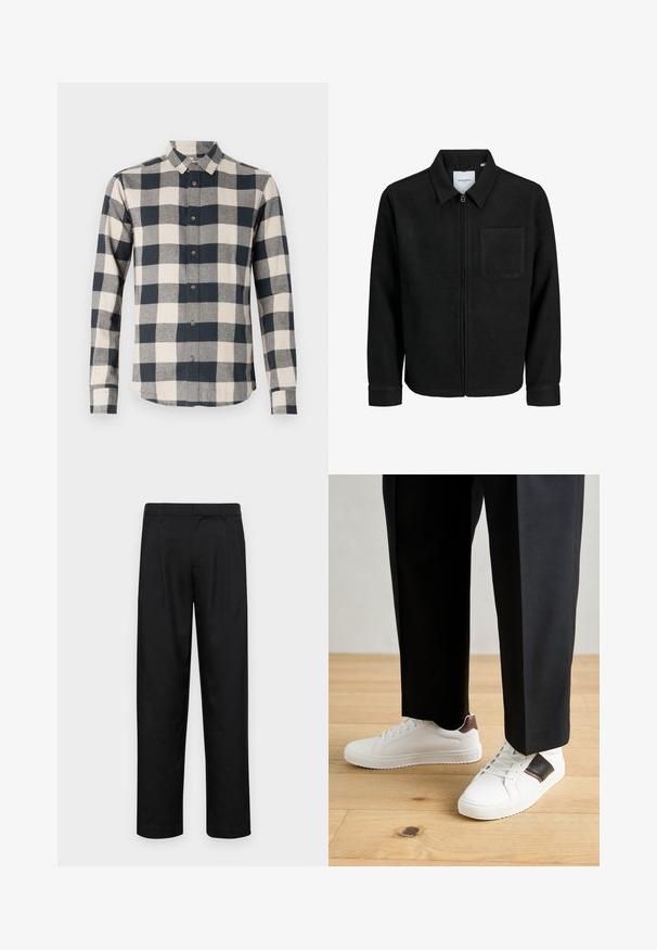 Czarna kurtka z zamkiem na całej długości, z kołnierzem i jedną kieszenią na piersi, umieszczona na białym tle.; Koszula z długim rękawem w granatowo-kremową kratę, z kołnierzykiem na guziki, z materiału bawełnianego, z zaokrąglonym dołem i kontrastującymi guzikami.; Czarne spodnie wykonane z gładkiego materiału, z prostą nogawką, dwoma fałdami z przodu oraz standardowym paskiem z wypustkami na pasek.; Białe trampki o gładkiej fakturze, z brązowymi skórzanymi akcentami i czarnymi detalami, zestawione z czarnymi eleganckimi spodniami. Tło stanowi drewniana podłoga.