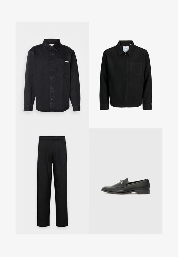 Fekete, zipzáros dzseki gallérral és egyetlen mellzsebbel, fehér háttéren.; Fekete farmer gombos ing, hegyes gallérral, hosszú ujjakkal, egyetlen mellzsebbel és egy kis márkajelel a zsebén.; Fekete nadrág sima anyagból, egyenes szárú fazonnal, két elülső redővel és közönséges derékkal, övhurkokkal.; Fekete bőr loaferek sima felülettel, varrott mintával és díszítő fém lánccal a cipő elején. Lapos sarok.