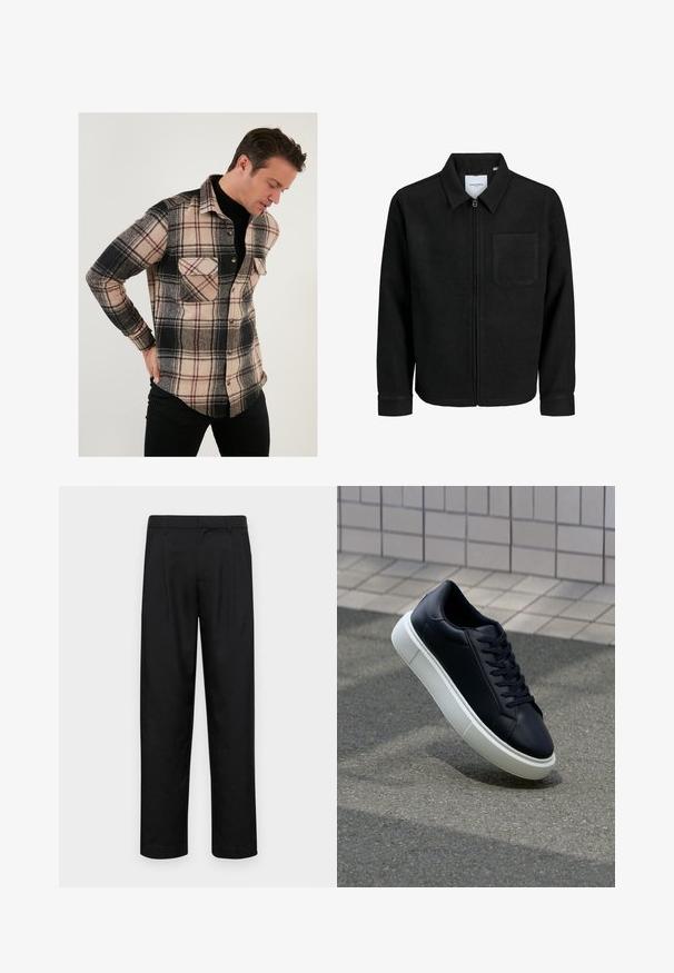 Giacca nera con zip, colletto e una tasca sul petto, mostrata su sfondo bianco.; Buratti DOUBLE POCKET  - Camicia - black; Pantaloni neri realizzati in tessuto liscio, caratterizzati da un taglio dritto, due pieghe frontali e una vita standard con passanti per la cintura.; Sneaker in pelle nera con punta arrotondata e suola in gomma bianca. Presenta lacci piatti e cuciture minime sulla parte superiore. Suola testurizzata per una migliore aderenza.