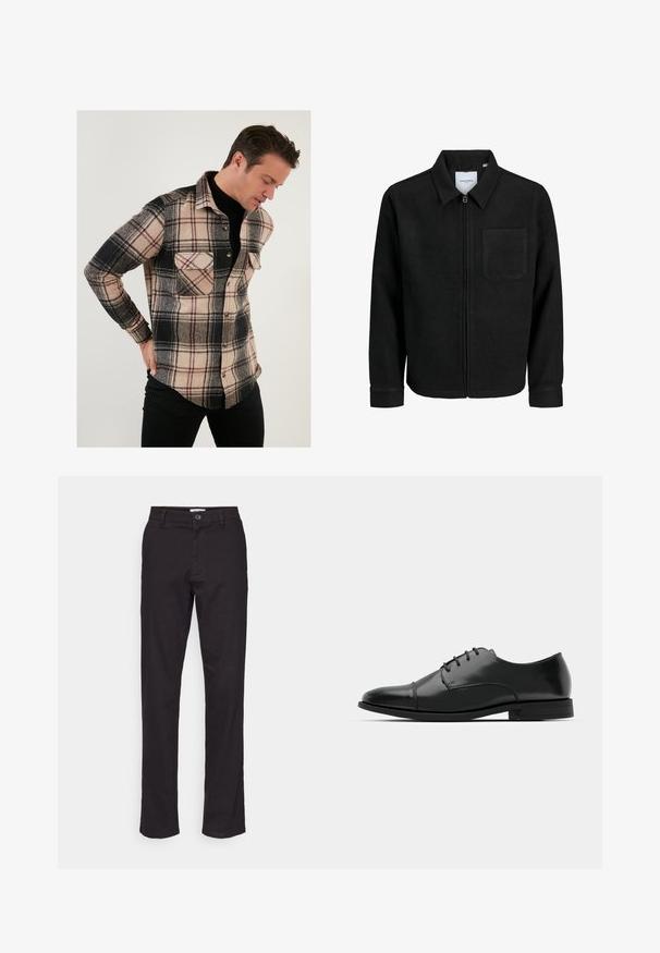 Černá zipová bunda s límečkem a jednou kapsou na hrudi, vystavená na bílém pozadí.; Buratti DOUBLE POCKET - Košile - black; Černé bavlněné kalhoty se střihem rovného nohavice, s předním zapínáním na knoflík a bočními kapsami. Hladká textura a minimální detaily.; Černé kožené společenské boty s kulatou špičkou, šněrováním, jemnými švy a nízkým podpatkem. Hladký povrch s lesklým finišem.