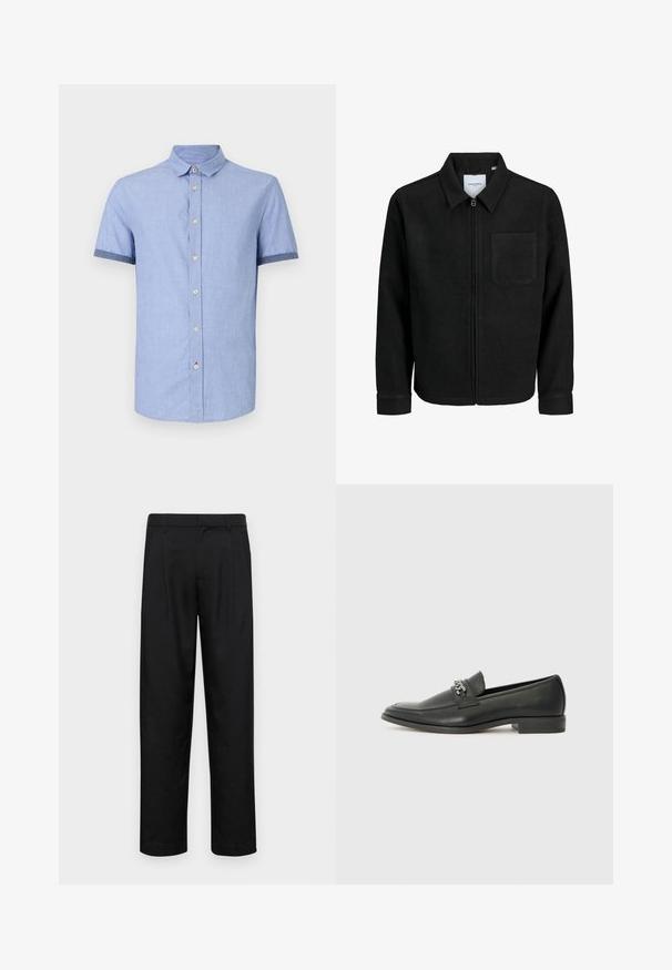 Czarna kurtka z zamkiem na całej długości, z kołnierzem i jedną kieszenią na piersi, umieszczona na białym tle.; Jasnoniebieska koszula z krótkim rękawem z kołnierzykiem zapinanym na guziki, z jasnobrązowymi guzikami i kontrastowym ciemnoniebieskim wykończeniem rękawów.; Czarne spodnie wykonane z gładkiego materiału, z prostą nogawką, dwoma fałdami z przodu oraz standardowym paskiem z wypustkami na pasek.; Czarne skórzane mokasyny o gładkim wykończeniu, z haftowanym wzorem i dekoracyjnym akcentem z metalowego łańcucha na wierzchu. Płaska pięta.