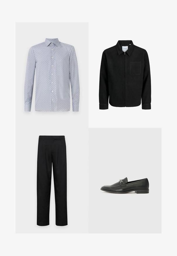 Black zip-up jacket with collar and single chest pocket, displayed on white background.; Light blue button-up shirt with a geometric pattern in red and navy. Features a pointed collar and long sleeves. Made from a smooth fabric.; Black trousers made of smooth fabric, featuring a straight-leg design, two front pleats, and standard waistband with belt loops.; Black leather loafer with a smooth finish, featuring a stitched design and a decorative metal chain accent across the vamp. Flat heel.