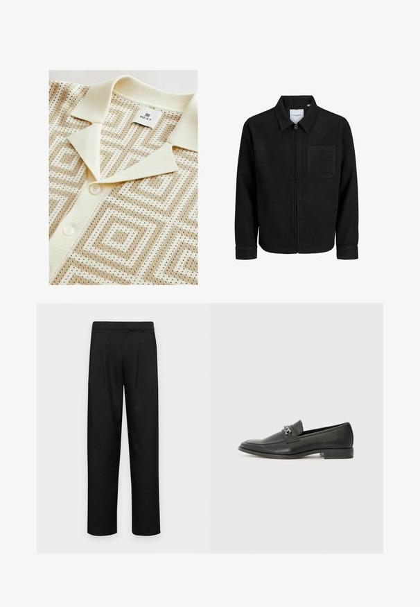 Zwarte zip-up jas met kraag en enkele borstzak, weergegeven op een witte achtergrond.; Next REGULAR FIT - SHORT SLEEVE GEOMETRIC PATTERN WITH CUBAN COLLAR
- Overhemd - neutral; Zwarte broeken van gladde stof, met een recht model, twee voorknikken en een standaard tailleband met riemlussen.; Zwarte leren instapper met een gladde afwerking, voorzien van een gestikt ontwerp en een decoratieve metalen kettingaccent over de wreef. Platte hak.