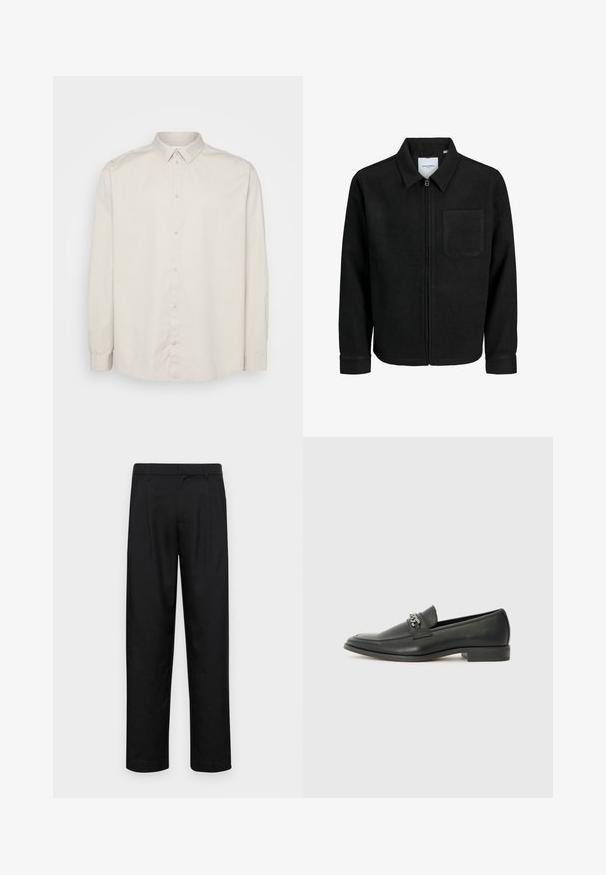 Chaqueta negra con cremallera y cuello, con un solo bolsillo en el pecho, expuesta sobre un fondo blanco.; Camisa de manga larga abotonada en algodón beige claro. Presenta un collar clásico, frente con botones completo y puños con botones. Textura suave.; Pantalones negros de tela suave, con un diseño de pierna recta, dos pliegues frontales y una cintura estándar con trabillas para el cinturón.; Mocasín de cuero negro con un acabado suave, que cuenta con un diseño de costura y un acento decorativo de cadena de metal en el empeine. Tacón plano.