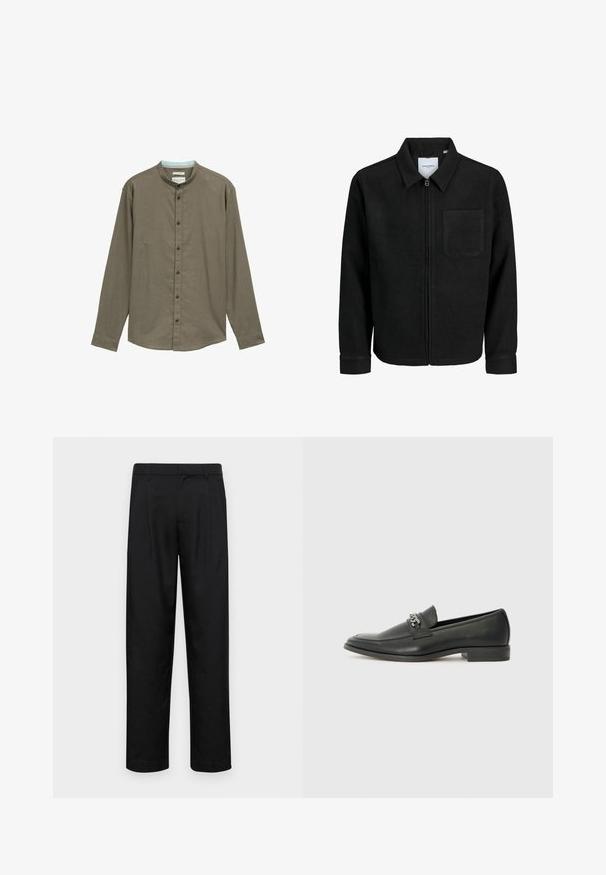 Giacca nera con zip, colletto e una tasca sul petto, mostrata su sfondo bianco.; Camicia marrone a maniche lunghe con colletto alla cinese, chiusura a bottoni e una texture sottile. Presenta bottoni scuri e un colletto interno azzurro chiaro.; Pantaloni neri realizzati in tessuto liscio, caratterizzati da un taglio dritto, due pieghe frontali e una vita standard con passanti per la cintura.; Mocassino in pelle nera con finitura liscia, caratterizzato da un design cucito e da un accento decorativo in catena metallica sul vamp. Tacco piatto.