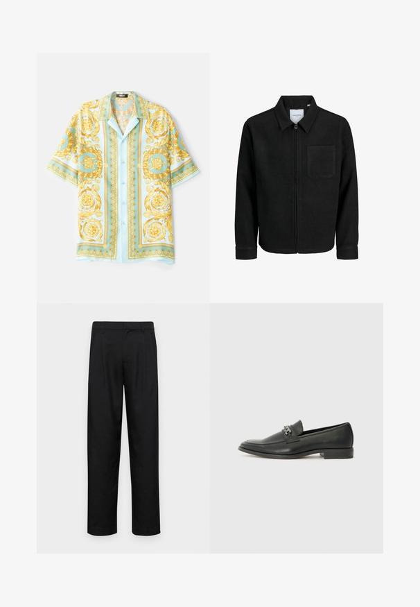 Chaqueta negra con cremallera y cuello, con un solo bolsillo en el pecho, expuesta sobre un fondo blanco.; Camisa de manga corta de color azul claro con elaborados patrones barrocos en dorado, con botones en la parte delantera y un corte relajado. Tejido suave con una textura brillante.; Pantalones negros de tela suave, con un diseño de pierna recta, dos pliegues frontales y una cintura estándar con trabillas para el cinturón.; Mocasín de cuero negro con un acabado suave, que cuenta con un diseño de costura y un acento decorativo de cadena de metal en el empeine. Tacón plano.