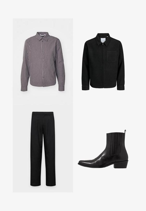 Chaqueta negra con cremallera y cuello, con un solo bolsillo en el pecho, expuesta sobre un fondo blanco.; Camisa de botones con mangas largas, patrón de cuadros en azul marino y burdeos, cuello con solapa y dos botones en la parte delantera.; Pantalones negros de tela suave, con un diseño de pierna recta, dos pliegues frontales y una cintura estándar con trabillas para el cinturón.; Bota de cuero negro hasta el tobillo con punta afilada, paneles laterales elásticos, acentos de costura vertical y un tacón bajo y cuadrado.