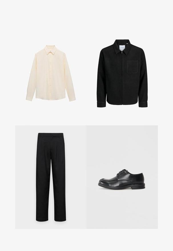 Zwarte zip-up jas met kraag en enkele borstzak, weergegeven op een witte achtergrond.; Lichtgele button-up shirt met een kraag, lange mouwen en een verticale streepjespatroon. Gemaakt van zachte stof.; Zwarte broeken van gladde stof, met een recht model, twee voorknikken en een standaard tailleband met riemlussen.; Zwarte leren veterschoenen met een ronde neus, een gladde textuur en een lage hak. Kenmerkt zich door stiksel details langs de bovenkant en zijkanten.