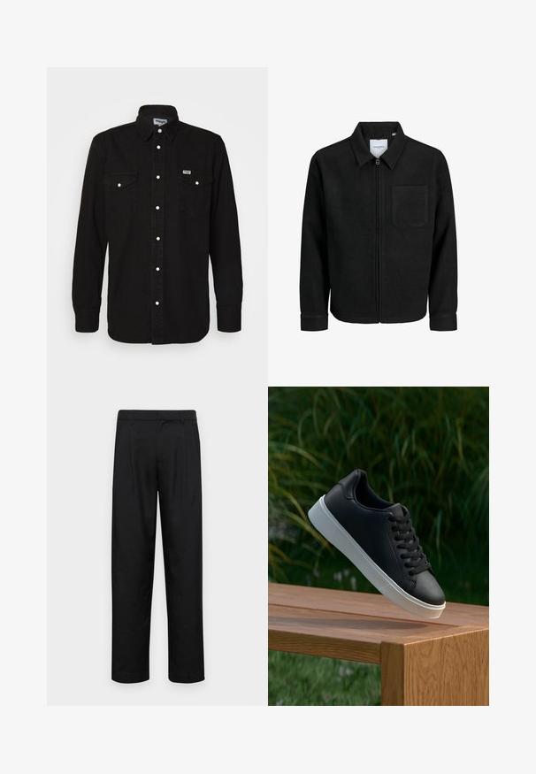 Jachetă neagră cu fermoar, cu guler și un singur buzunar pe piept, expusă pe fundal alb.; Cămașă neagră cu nasturi, cu guler ascuțit, două buzunare pe piept, nasturi albi cu clips și țesătură texturată. Logo-ul Wrangler pe partea stângă a pieptului.; Pantaloni negri dintr-un material neted, cu un design drept, două pliuri frontale și un tiv standard cu bucle pentru curea.; Adidași din piele neagră cu o textură netedă, talpă din cauciuc alb și șase orificii pentru șireturi, expuși pe o suprafață din lemn.