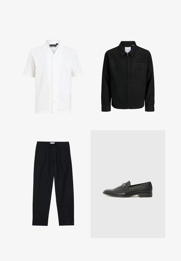 Černá zipová bunda s límečkem a jednou kapsou na hrudi, vystavená na bílém pozadí.; Bílá košile s krátkým rukávem vyrobená z měkké tkaniny, s klopovým límcem, šesti knoflíky vpředu a uvolněným střihem.; Pier One Chino kalhoty - black; Černé kožené mokasíny s hladkým povrchem, s prošívaným designem a dekoračním kovovým řetízkem přes nárt. Plochý podpatek.