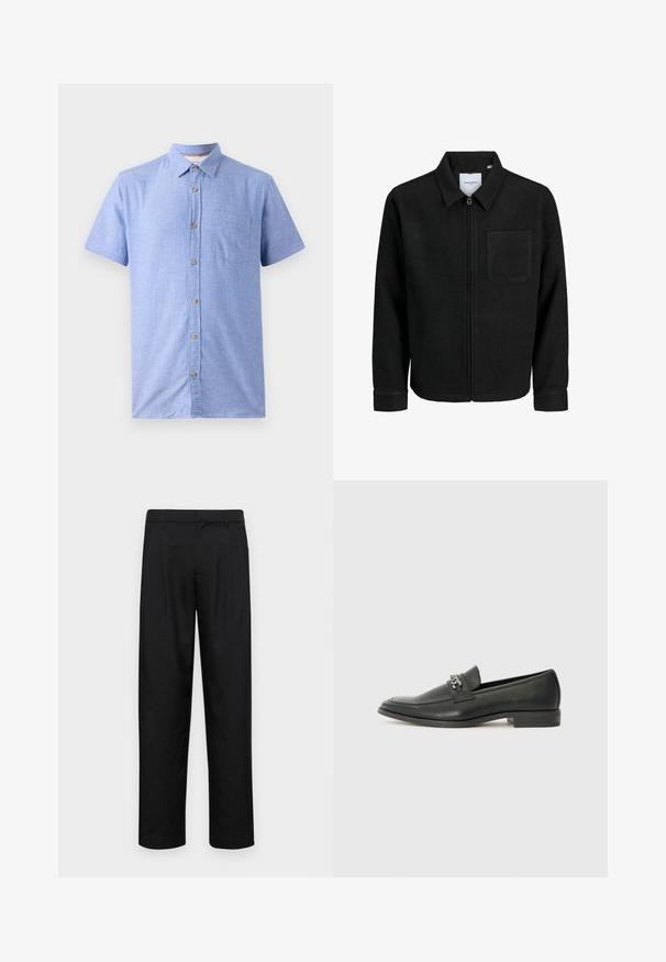 Melna jaka ar rāvējslēdzēju un apkakli, vienu krūšu kabatu, parādīta uz baltas fona.; Īsām piedurknēm krekls, izgatavots no gaiši zila auduma ar režģa rakstu, ar pogu slēgšanu priekšpusē un krūšu kabatu.; Melnas bikses, izgatavotas no gludas auduma, ar taisnu kāju dizainu, divām priekšējām krokām un standarta jostu, kurai ir āķi.; Melna ādas loafer izmēra apavi ar gludu virsmu, piedāvā ar šūtu dizainu un dekoratīvu metāla ķēdes akcentu pār vampu. Plakana papēža daļa.