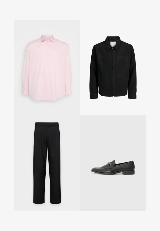 Giacca nera con zip, colletto e una tasca sul petto, mostrata su sfondo bianco.; Camicia button-up rosa chiaro con maniche lunghe, colletto standard e bottoni bianchi sul davanti, realizzata in tessuto di cotone liscio.; Pantaloni neri realizzati in tessuto liscio, caratterizzati da un taglio dritto, due pieghe frontali e una vita standard con passanti per la cintura.; Mocassino in pelle nera con finitura liscia, caratterizzato da un design cucito e da un accento decorativo in catena metallica sul vamp. Tacco piatto.