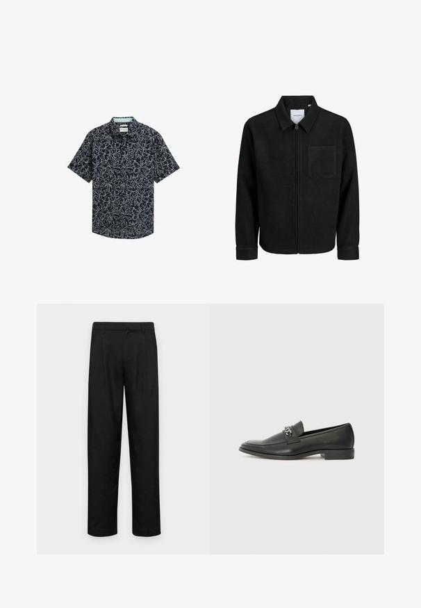 Giacca nera con zip, colletto e una tasca sul petto, mostrata su sfondo bianco.; Camicia a maniche corte con bottoni in tessuto blu navy, caratterizzata da un motivo floreale bianco, colletto casual e orlo dritto con due bottoni.; Pantaloni neri realizzati in tessuto liscio, caratterizzati da un taglio dritto, due pieghe frontali e una vita standard con passanti per la cintura.; Mocassino in pelle nera con finitura liscia, caratterizzato da un design cucito e da un accento decorativo in catena metallica sul vamp. Tacco piatto.