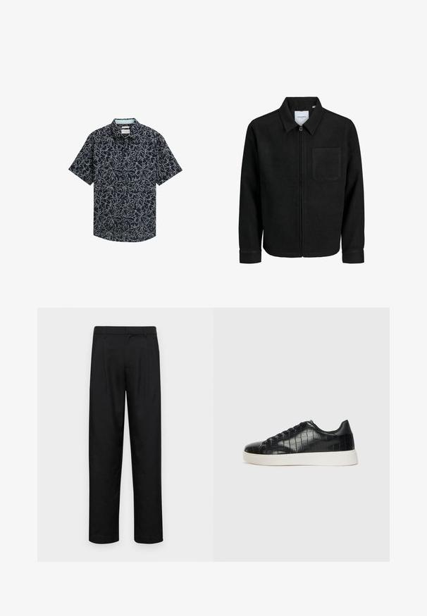 Zwarte zip-up jas met kraag en enkele borstzak, weergegeven op een witte achtergrond.; Korte mouwen button-up shirt van marineblauwe stof met een wit bloemmotief, casual kraag en rechte zoom met twee knopen.; Zwarte broeken van gladde stof, met een recht model, twee voorknikken en een standaard tailleband met riemlussen.; Zwarte sneakers met een gestructureerde leren bovenkant met krokodilpatroon, een ronde neus en een contrasterende witte rubberen zool met een gladde afwerking.