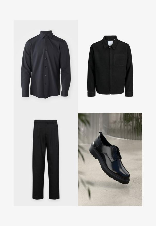Črna jakna z zadrgo in ovratnikom ter enim žepom na prsih, prikazana na beli podlagi.; Temno modra srajca z dolgimi rokavi, z gumbki spredaj in teksturirano vzorčno tkanino, ki ima klasični ovratnik in črne gumbke.; Črne hlače iz gladkega materiala, s krojem ravne noge, dvema sprednjima pregiboma in standardnim pasom z zankami za pas.; Črne usnjene čevlje z sijajno površino, okrogle prste, vezalni dizajn, kontrastno šivanje in debel gumijast podplat z vzorci za oprijem.