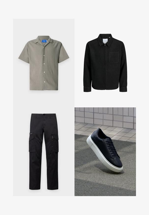 Veste zippée noire avec col et poche poitrine unique, présentée sur fond blanc.; Chemise à manches courtes en olive avec une finition texturée, dotée d'un col et d'une fermeture à boutons à l'avant. Comprend des boutons de couleur claire.; Pantalons cargo noirs avec plusieurs poches, une poche zippée sur la cuisse, coupe droite et tissu en coton résistant avec un léger éclat.; Baskets noires en cuir avec bout arrondi et semelle en caoutchouc blanc. Elles présentent des lacets plats et une couture minimale sur la tige. Semelle texturée pour une bonne adhérence.