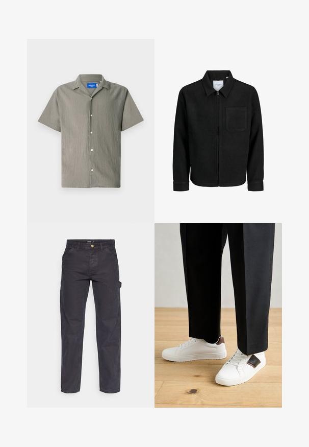 Mustaga lukuga jakker, millel on krae ja üks rinna-tasku, esitatud valgel taustal.; Olivroheline lühikeste varrukatega särk tekstuuriga viimistlusega, millel on krae ja eesmine nööbistamine. Sisaldab heledat värvi nuppe.; Tumehallid cargo-püksid, mis on valmistatud vastupidavast kangast, sirge lõikega, viie tasku ja nupuga kinnitusega vööl.; Valged sneakersid siledat tekstuurist, millel on pruunad nahast detailid ja mustad aksessuaarid, millele on sobitatud mustad kohandatud püksid. Puitpõranda taust.