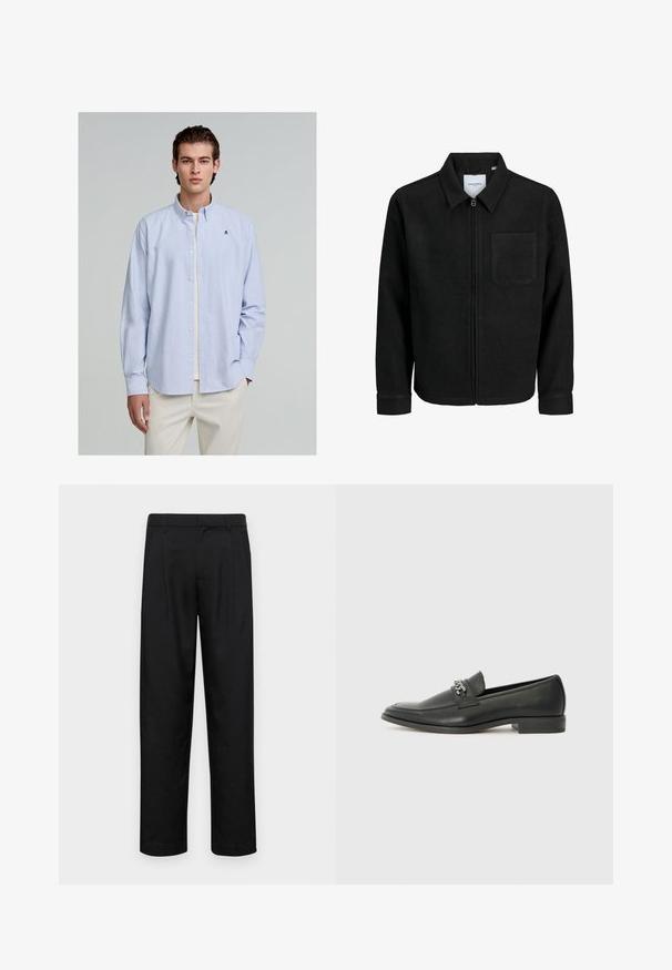 Giacca nera con zip, colletto e una tasca sul petto, mostrata su sfondo bianco.; Camicia button-up a righe blu chiaro e bianco con maniche lunghe; presenta un colletto e un piccolo logo ricamato sul petto.; Pantaloni neri realizzati in tessuto liscio, caratterizzati da un taglio dritto, due pieghe frontali e una vita standard con passanti per la cintura.; Mocassino in pelle nera con finitura liscia, caratterizzato da un design cucito e da un accento decorativo in catena metallica sul vamp. Tacco piatto.