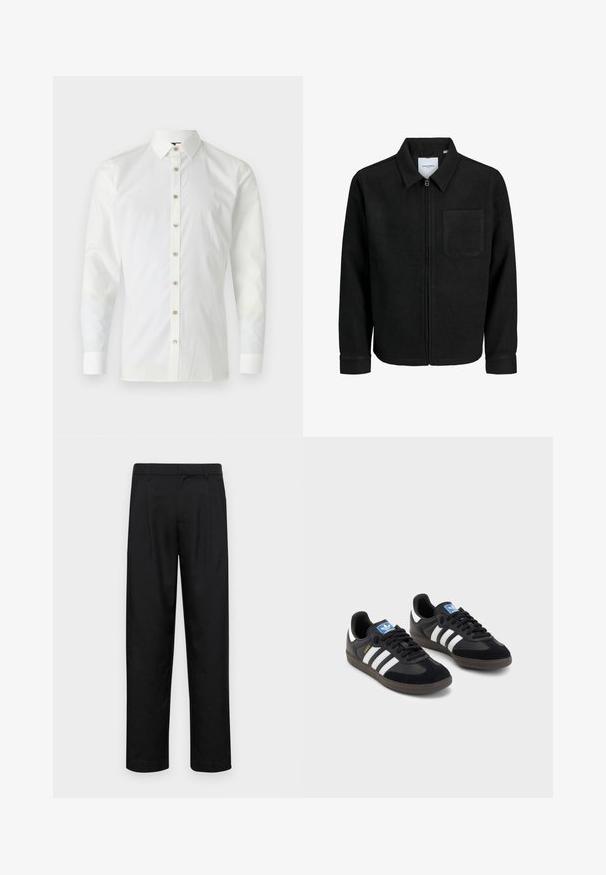 Črna jakna z zadrgo in ovratnikom ter enim žepom na prsih, prikazana na beli podlagi.; Bela srajca z dolgimi rokavi iz gladkega materiala, ki vključuje koničast ovratnik, gumbasto zapiranje s svetlobruno gumbi in zaplate na rokavih.; Črne hlače iz gladkega materiala, s krojem ravne noge, dvema sprednjima pregiboma in standardnim pasom z zankami za pas.; Črne športne copate z zgornjim delom iz semiša in sintetičnih materialov, ki imajo tri bele črte, teksturiran gumijast podplat in modro označevalno oznako na jeziku.