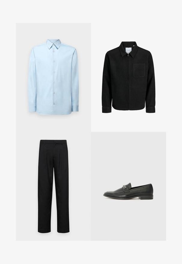 Juodas džemperis su užtrauktuku, apykakle ir vienu krūtiniu kišenėje, pristatytas baltame fone.; Plytai mėlynas ilgomis rankovėmis marškiniai su aštriu apykakle, minkšta tekstūra ir septyniais priekiniais mygtukais. Turi tiesų hemą ir rankogalius.; Juodi kelnių modeliai, pagaminti iš lygios medžiagos, turi tiesią kojas, du priekiniai klostės ir standartinę juosmenį su diržo kilpomis.; Juodos odinės loafer tipo bateliai su lygiu paviršiumi, turintys siuvinėtą dizainą ir dekoratyvų metalo grandinėlės akcentą ant batų viršaus. Plokščias kulnas.