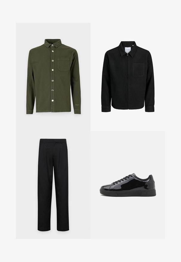 Czarna kurtka z zamkiem na całej długości, z kołnierzem i jedną kieszenią na piersi, umieszczona na białym tle.; Denim Project - Koszula; Czarne spodnie wykonane z gładkiego materiału, z prostą nogawką, dwoma fałdami z przodu oraz standardowym paskiem z wypustkami na pasek.; Czarne lakierowane sneakersy z okrągłym noskiem, płaską gumową podeszwą i czarnymi sznurowadłami. Gładka, błyszcząca tekstura na górnej powierzchni.