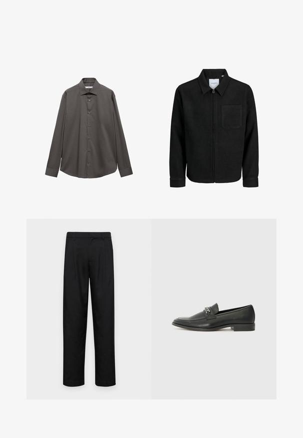 Zwarte zip-up jas met kraag en enkele borstzak, weergegeven op een witte achtergrond.; Langsleeve shirt in donkergrijs, gemaakt van een gladde stof. Beschikt over een kraag, knoopsluiting aan de voorkant en een afgeronde zoom met een relaxed fit.; Zwarte broeken van gladde stof, met een recht model, twee voorknikken en een standaard tailleband met riemlussen.; Zwarte leren instapper met een gladde afwerking, voorzien van een gestikt ontwerp en een decoratieve metalen kettingaccent over de wreef. Platte hak.