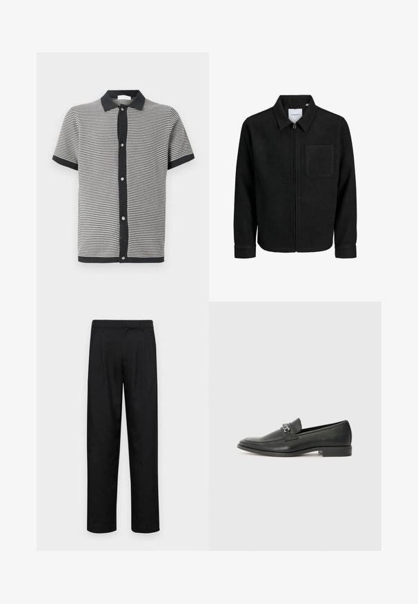 Čierna zipsová bunda s golierom a jednou náprsníkou, vystavená na bielom pozadí.; Polo tričko s krátkym rukávom z čierno-bielej pruhovanej pleteniny, s čiernym golierom a predným zapínaním na gombíky so striebornými detailmi.; Čierne nohavice vyrobené z hladkej tkaniny, s rovnými nohavicami, dvoma prednými skladmi a štandardným pásom s pútkami na opasok.; Čierne kožené loafers s hladkým povrchom, s prešitým dizajnom a dekoratívnym kovovým reťazovým akcentom cez priehlavok. Plochý podpätok.