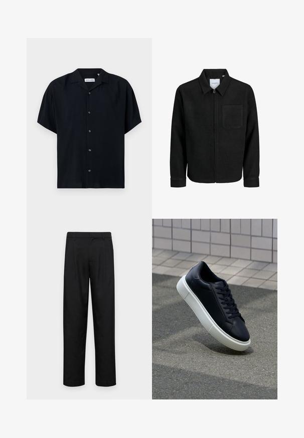 Fekete, zipzáros dzseki gallérral és egyetlen mellzsebbel, fehér háttéren.; Rövid ujjú fekete ing, könnyű anyagból készült, gallérral, gombos záródással és laza szabással. Egyszerű, egyszínű kialakítás, minta nélkül.; Fekete nadrág sima anyagból, egyenes szárú fazonnal, két elülső redővel és közönséges derékkal, övhurkokkal.; Fekete bőr sportcipő lekerekített orral és fehér gumitalppal. Lapos fűzőkkel és minimális varrásokkal rendelkezik a felsőrészén. Mintás talp a tapadásért.