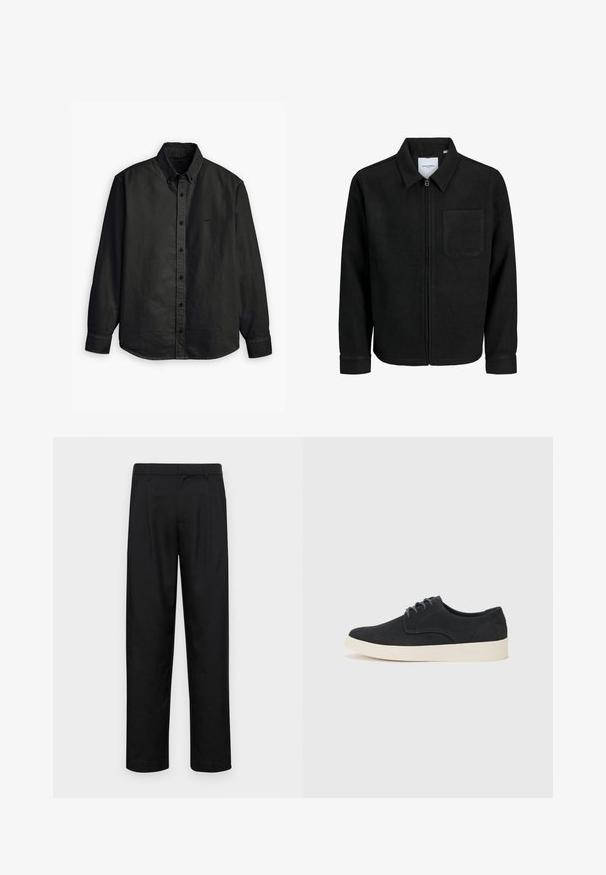 Schwarze Zip-Jacke mit Kragen und einer einzelnen Brusttasche, auf weißem Hintergrund präsentiert.; Levi's® AUTHENTIC BUTTON DOWN - Hemd - kincaid jet black garment dye; Schwarze Hose aus glattem Stoff, mit geradem Bein Design, zwei vorderen Falten und einem Standardbund mit Gürtelschlaufen.; Schwarzes Wildleder-Schnürschuh mit runder Spitze, leichtem cremfarbenem Sohlen und dezenten blauen Stickakzenten auf dem Obermaterial.