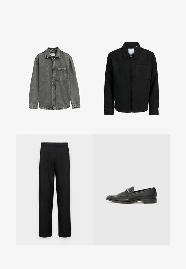 Svart zip-jacka med krage och en enda bröstficka, visad på vit bakgrund.; Grå denimskjorta med spetsig krage, knappframsida och en bröstficka. Har en urtvättad textur och sydda detaljer längs sömmarna.; Svarta byxor i slät väv, med rak ben-design, två framfickor och standardmidja med bälteshällor.; Svart läderloafers med en slät yta, med en sydd design och en dekorativ metallkedjeaccent över västen. Platt häldesign.