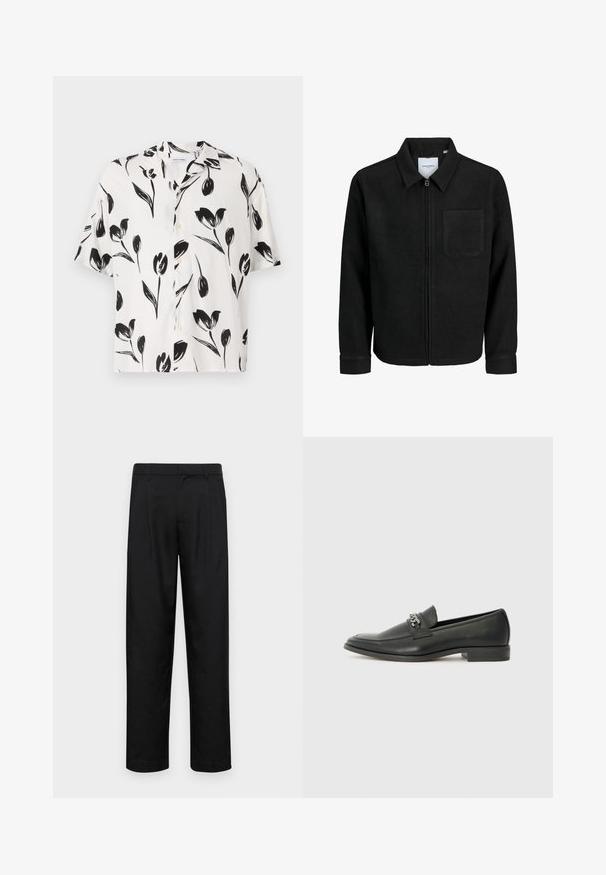 Črna jakna z zadrgo in ovratnikom ter enim žepom na prsih, prikazana na beli podlagi.; Kratke rokave, majica s ovratnikom iz lahkega materiala, z belim ozadjem in črnimi cvetličnimi vzorci ter gumbnim zapiranjem spredaj.; Črne hlače iz gladkega materiala, s krojem ravne noge, dvema sprednjima pregiboma in standardnim pasom z zankami za pas.; Črni usnjeni loafer z gladko površino, ki ima šivano zasnovo in dekorativni kovinski verižni naglas preko vampirja. Ravno peto.