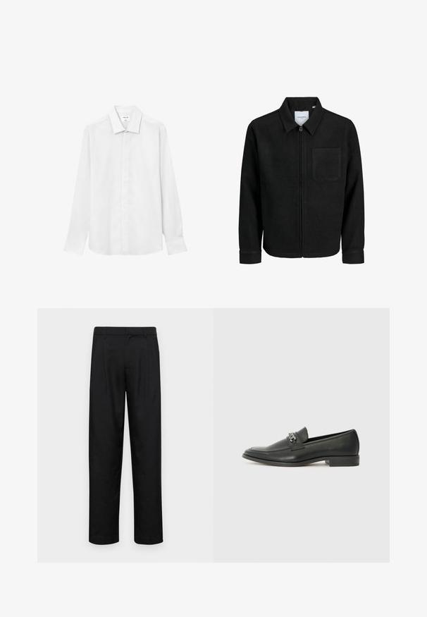 Schwarze Zip-Jacke mit Kragen und einer einzelnen Brusttasche, auf weißem Hintergrund präsentiert.; Weißes Langarmhemd mit klassischem Kragen, durchgehender Knopfleiste und leicht taillierter Passform. Glattes Gewebe ohne sichtbare Muster oder Akzente.; Schwarze Hose aus glattem Stoff, mit geradem Bein Design, zwei vorderen Falten und einem Standardbund mit Gürtelschlaufen.; Schwarzer Lederloafer mit glatter Oberfläche, ausgestattet mit einer gesteppten Gestaltung und einem dekorativen Metallkettendetail über dem Vorderblatt. Flacher Absatz.