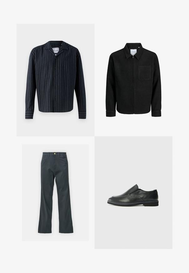 Musta vetoketjullinen takki, jossa on kaulus ja yksi rintatasku, esitelty valkoista taustaa vasten.; Laivastonsininen napillinen paita, jossa on pystysuoria valkoisia ja beigepalkkeja. Paidassa on kaulus, pitkät hihat ja suora helma. Pehmeä kankaaneste.; Mustat housut suoran lahkeen leikkauksella, valmistettu puuvillasekoitekankaasta. Varustettu metallinappikiinnityksellä ja sivutaskuilla. Ei näkyviä kuvioita.; Musta nahkainen liukujalkine, jossa on sileä pinta, ommeltuja yksityiskohtia, pyöristetty kärki ja matala kumipohja. Pohjassa on minimaalinen pito.