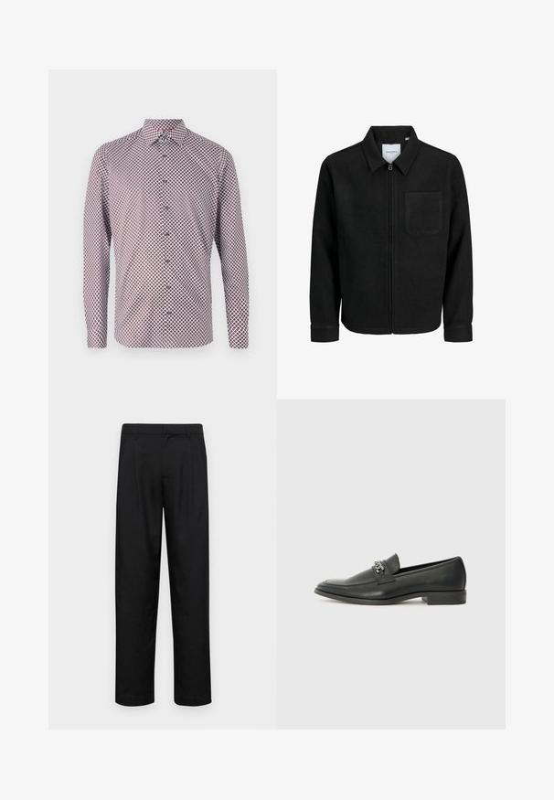 Giacca nera con zip, colletto e una tasca sul petto, mostrata su sfondo bianco.; Camicia con maniche lunghe e bottoni di colore bianco con un motivo geometrico rosso e blu navy. Presenta un colletto, polsini e un taglio dritto.; Pantaloni neri realizzati in tessuto liscio, caratterizzati da un taglio dritto, due pieghe frontali e una vita standard con passanti per la cintura.; Mocassino in pelle nera con finitura liscia, caratterizzato da un design cucito e da un accento decorativo in catena metallica sul vamp. Tacco piatto.