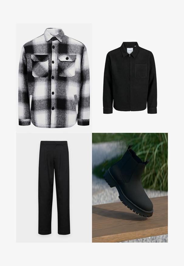 Veste zippée noire avec col et poche poitrine unique, présentée sur fond blanc.; Chemise en flanelle à carreaux noir et blanc, avec deux poches avant, des boutons et une texture douce. Motif tartan classique.; Pantalons noirs en tissu lisse, avec une coupe droite, deux plis avant et une taille standard avec passants de ceinture.; Botte cheville noire avec une finition lisse, des panneaux latéraux élastiques et une semelle épaisse et robuste. Présentée sur un fond naturel sur une surface en bois.