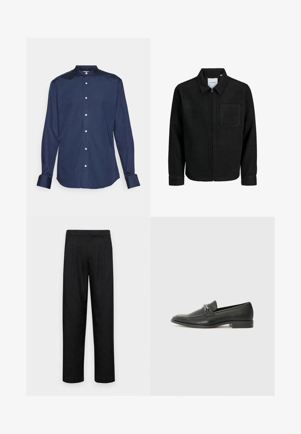 Čierna zipsová bunda s golierom a jednou náprsníkou, vystavená na bielom pozadí.; Námornícky modrá košela s dlhým rukávom a mandarínským golierom, s predným zapínaním na gombíky, textúrovanou tkaninou a manžetami s kontrastným prešívaním.; Čierne nohavice vyrobené z hladkej tkaniny, s rovnými nohavicami, dvoma prednými skladmi a štandardným pásom s pútkami na opasok.; Čierne kožené loafers s hladkým povrchom, s prešitým dizajnom a dekoratívnym kovovým reťazovým akcentom cez priehlavok. Plochý podpätok.