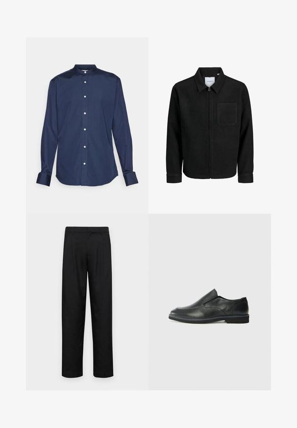 Melna jaka ar rāvējslēdzēju un apkakli, vienu krūšu kabatu, parādīta uz baltas fona.; Tumši zila garām piedurknēm krekls ar mandarin collu, ar pogām aizpogājams priekšpuses, teksturēta auduma un piedurkņu galiem ar kontrastējošu šuvju.; Melnas bikses, izgatavotas no gludas auduma, ar taisnu kāju dizainu, divām priekšējām krokām un standarta jostu, kurai ir āķi.; Melnas ādas slip-on kurpes ar gludu augšdaļu, izšūtām akcentiem, noapaļotu purngala daļu un zemu gumijas papēdi. Zole ar minimālu rakstu.