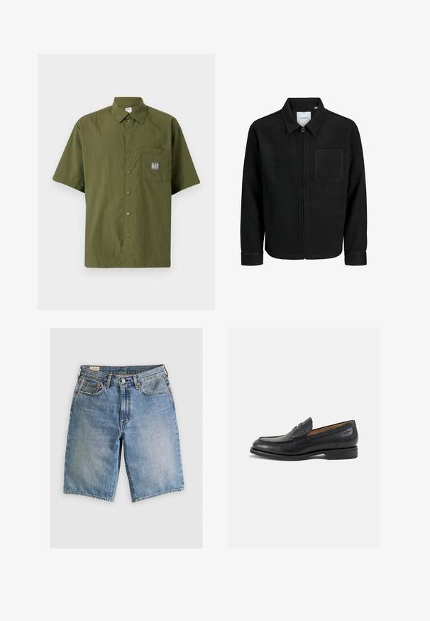 Giacca nera con zip, colletto e una tasca sul petto, mostrata su sfondo bianco.; Camicia a maniche corte in tessuto verde oliva con colletto a polo, dotata di taschino sul petto con patch del logo GAP grigio.; Shorts in denim azzurro chiaro con taglio classico. Presentano cinque tasche, dettagli di cucitura arancione e orli a taglio vivo.; Mocassini in pelle nera con finitura liscia, punta arrotondata e cuciture decorative sulla tomaia. Tacco basso impilato e leggero lucido.