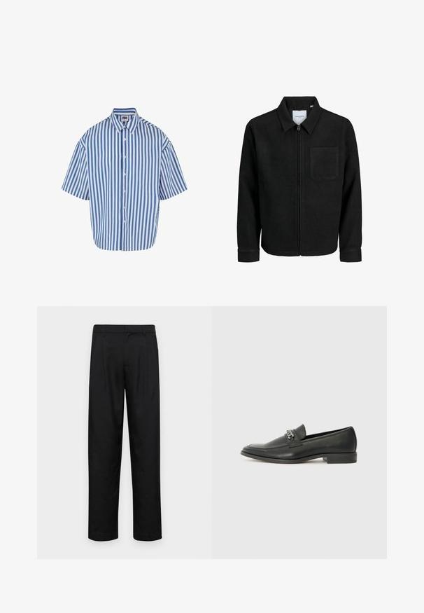 Chaqueta negra con cremallera y cuello, con un solo bolsillo en el pecho, expuesta sobre un fondo blanco.; Camisa de botones de manga corta con rayas verticales en azul y blanco, un cuello clásico y un corte relajado con un bajo recto.; Pantalones negros de tela suave, con un diseño de pierna recta, dos pliegues frontales y una cintura estándar con trabillas para el cinturón.; Mocasín de cuero negro con un acabado suave, que cuenta con un diseño de costura y un acento decorativo de cadena de metal en el empeine. Tacón plano.