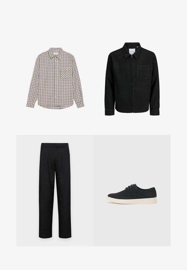 Giacca nera con zip, colletto e una tasca sul petto, mostrata su sfondo bianco.; Camicia a maniche lunghe in plaid beige con quadrati blu, dotata di colletto button-down e una tasca sul lato sinistro del petto con un motivo a quadri diagonali.; Pantaloni neri realizzati in tessuto liscio, caratterizzati da un taglio dritto, due pieghe frontali e una vita standard con passanti per la cintura.; Scarpa in suede nera con lacci, punta arrotondata, suola leggera color crema e dettagli di cucitura blu discreti sulla parte superiore.