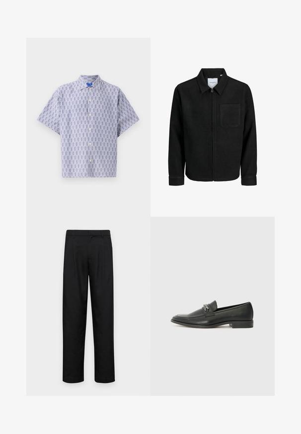 Black zip-up jacket with collar and single chest pocket, displayed on white background.; Short-sleeve button-up shirt in light blue with dark blue geometric pattern. Features a collar and a relaxed fit. Made from lightweight fabric.; Black trousers made of smooth fabric, featuring a straight-leg design, two front pleats, and standard waistband with belt loops.; Black leather loafer with a smooth finish, featuring a stitched design and a decorative metal chain accent across the vamp. Flat heel.