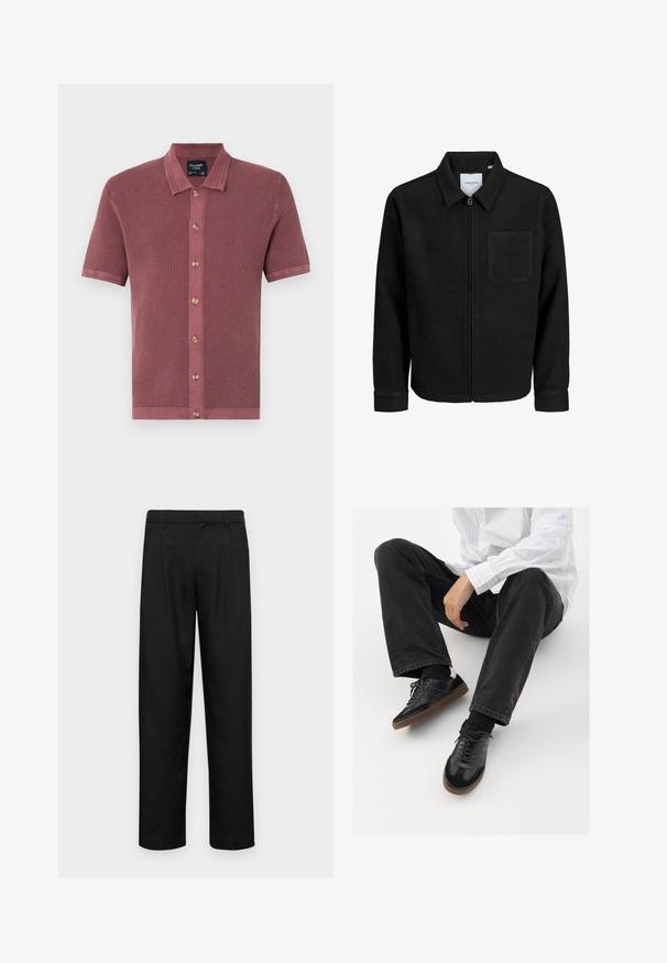 Čierna zipsová bunda s golierom a jednou náprsníkou, vystavená na bielom pozadí.; Poloko s krátkym rukávom a textúrou v prachovo ružovej farbe, s gombíkovým zapínaním vpredu a drevenými gombíkmi, s kontrastným golierom.; Čierne nohavice vyrobené z hladkej tkaniny, s rovnými nohavicami, dvoma prednými skladmi a štandardným pásom s pútkami na opasok.; Čierne tenisky s hladkým a textúrovaným zvrškom, s gumovou podrážkou a tmavými šnúrkami. Kombinované s čiernymi džínsami a bielo-prúžkovanou košeľou.