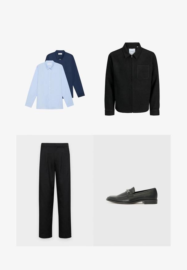 Giacca nera con zip, colletto e una tasca sul petto, mostrata su sfondo bianco.; Due camicie a maniche lunghe: una blu chiaro e una blu navy. Entrambe presentano chiusure a bottoni, colli a punta e una texture di tessuto liscia.; Pantaloni neri realizzati in tessuto liscio, caratterizzati da un taglio dritto, due pieghe frontali e una vita standard con passanti per la cintura.; Mocassino in pelle nera con finitura liscia, caratterizzato da un design cucito e da un accento decorativo in catena metallica sul vamp. Tacco piatto.