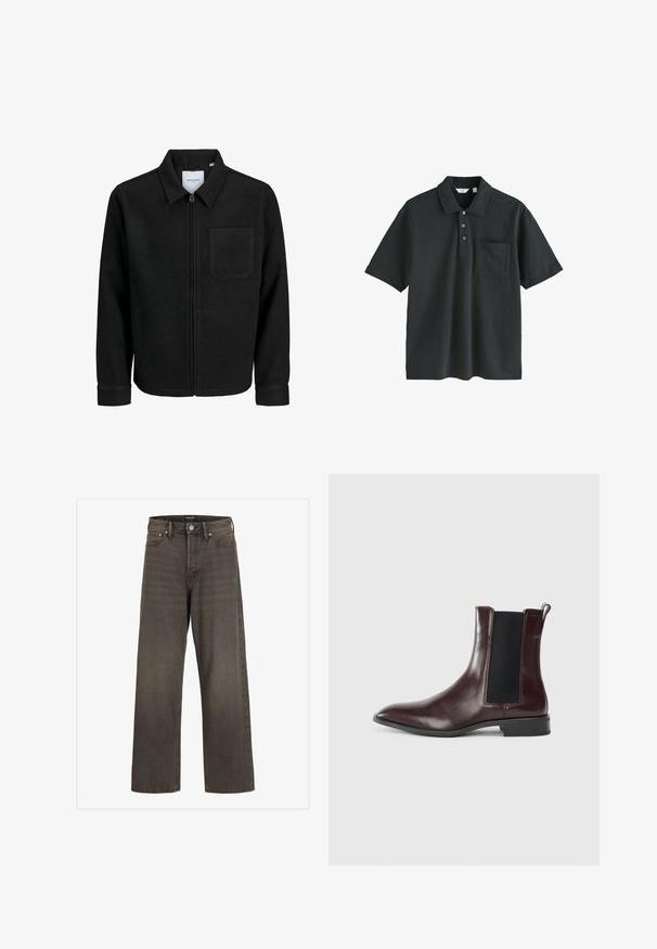 Melna jaka ar rāvējslēdzēju un apkakli, vienu krūšu kabatu, parādīta uz baltas fona.; Melnā polo krekls, kas izgatavots no kokvilnas, ar apkakles kakla izgriezumu, trīs pogu aizdari, īsām piedurknēm un krūšu kabatu.; Platas kājas džinsi tumši pelēkā denima, ar augstu jostasvietu, klasisku piecu kabatu dizainu un kontrastējošām šuvēm.; Brūni ādas Čelsī zābaki ar elastīgām sānu paneļiem, ar smailu purngali un gludu tekstūru. Melns pamats un smalkas šuvju detaļas.